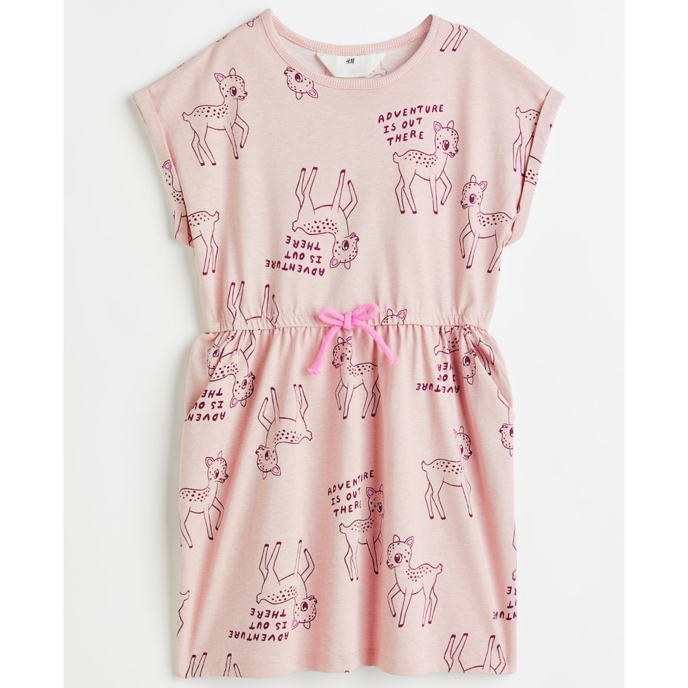 H&M Toddler Girls Baby Deer Pink Cotton Jersey Dress with Bow Size 5t NEW
